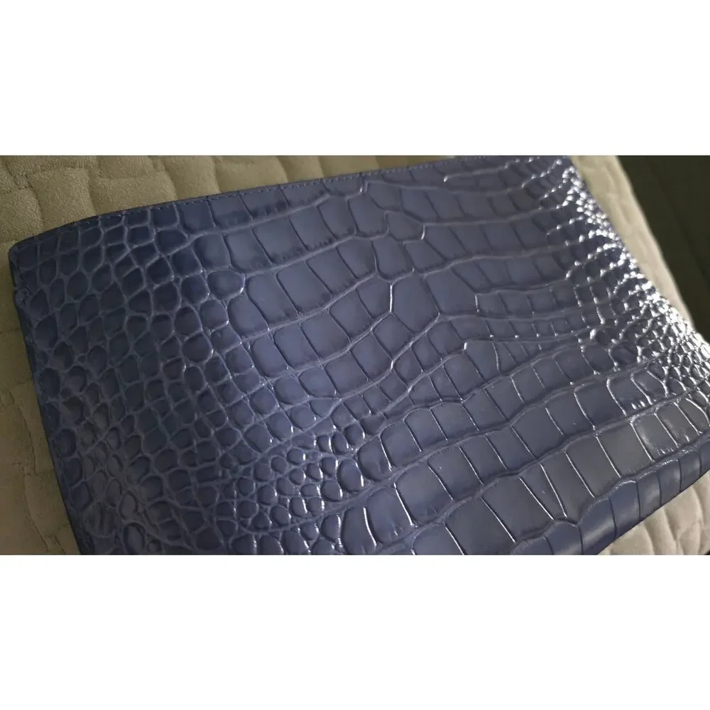 Ralph Lauren Large Blue Croc Embossed Leather Pouch RLL Zip Clutch NWT